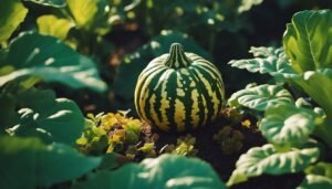 Green and yellow striped squash growing in a garden surrounded by leaves