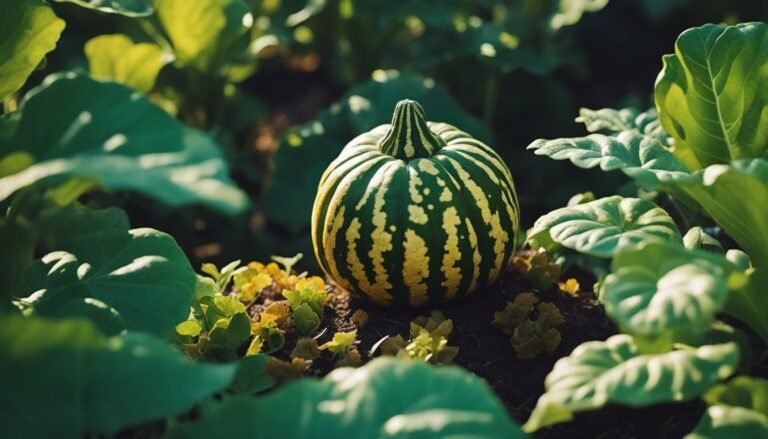 Green and yellow striped squash growing in a garden surrounded by leaves