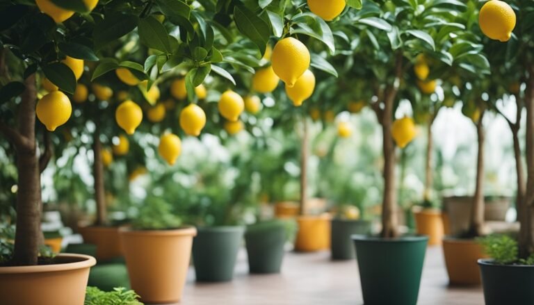 Lemon trees in pots, laden with ripe yellow lemons
