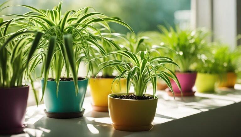 Spider plants in colorful pots on a sunny windowsill