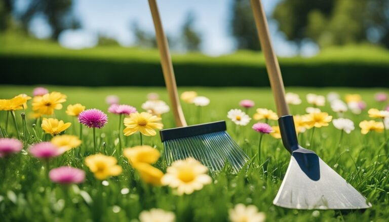 Garden tools in a field of colorful flowers on a sunny day