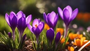 Purple and orange crocus flowers in a garden, close-up shot