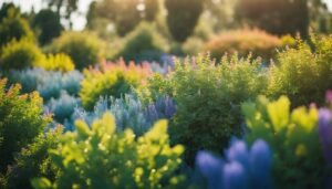 Colorful garden of flowering plants in sunlight, with blurred background