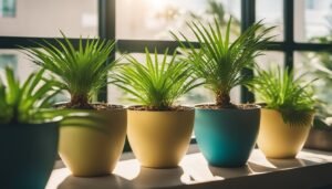 Several potted plants in colorful pots sit on a windowsill
