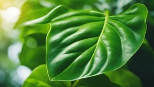 Close-up of a large, vibrant green leaf with visible veins and texture