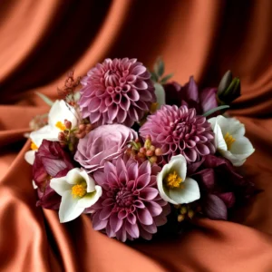 Close-up of a bouquet of pink and white flowers on an orange fabric