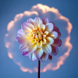 Close-up of a vibrant dahlia flower with a soft cloud-like background