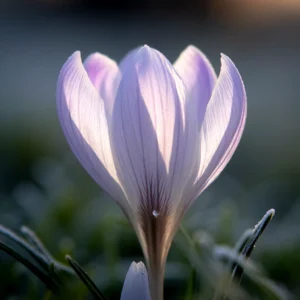 Close-up of a delicate, light purple crocus flower with a water droplet