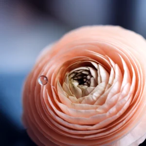 Close-up of a peach-colored ranunculus flower with a water droplet