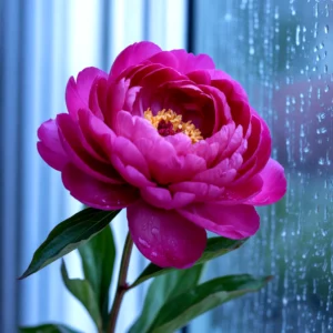 Close-up of a vibrant pink peony flower with rain droplets on petals