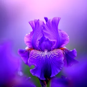 Close-up of a vibrant purple iris flower with water droplets
