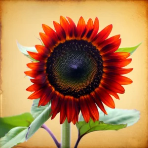 Close-up of a vibrant red sunflower with a dark center and green leaves