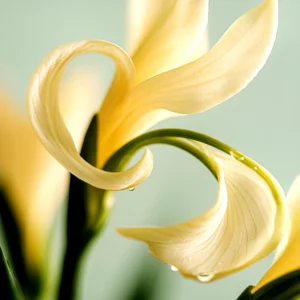 Close-up of a yellow calla lily with water droplets, soft background