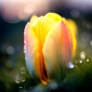 Close-up of a vibrant yellow tulip with water droplets, soft focus background