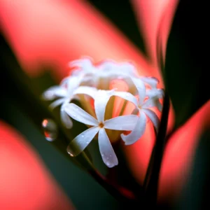 Close-up of white flowers with water droplets against a red background