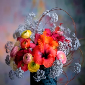 A vibrant floral arrangement featuring a red hibiscus and colorful blooms