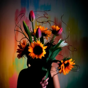A person holding a bouquet of sunflowers and tulips, vibrant against a colorful backdrop