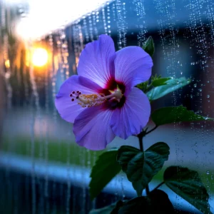 A vibrant purple hibiscus flower against a rainy window with sunset